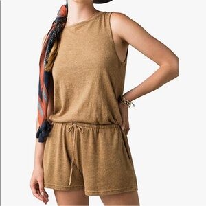 prAna Sylvie Shorts Romper Women’s Size Large in Butterscotch stripe Hemp Blend